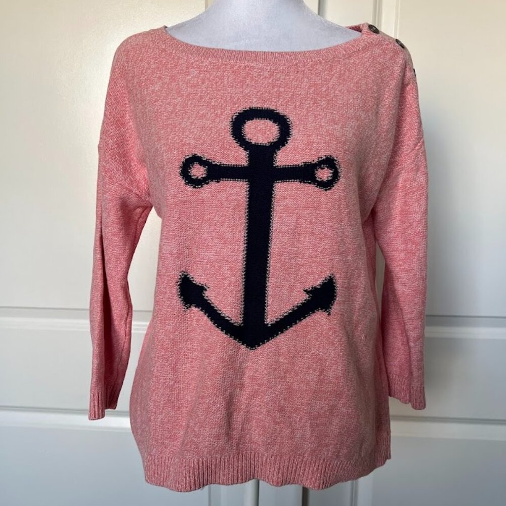 Tommy Hilfiger Coral Navy Blue 3/4 Sleeve Anchor Sweater Top Size Small